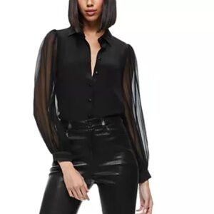 Alice + Olivia black Sheer Sleeve Silk Button Down Elegant Blouse Size Small